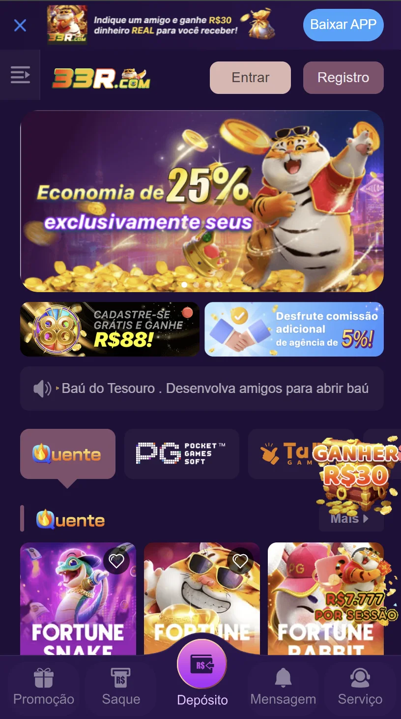 Tela do app oficial 33R.com com promoções e jogos